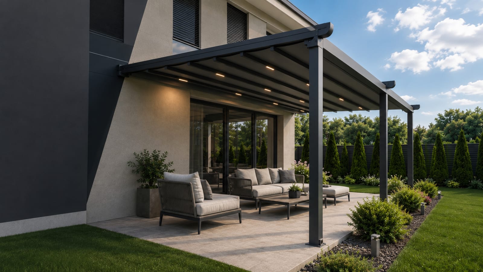 Moderna pergola montirana uz porodični objekat